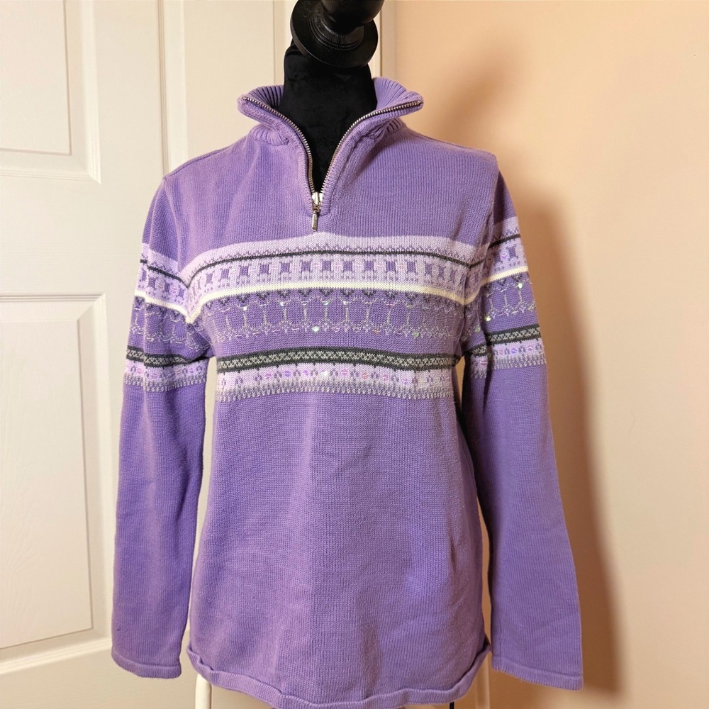VTG Style & Co Lavender Sequin Quarter Zip Sweater Y2K Cotton Women's SZ S